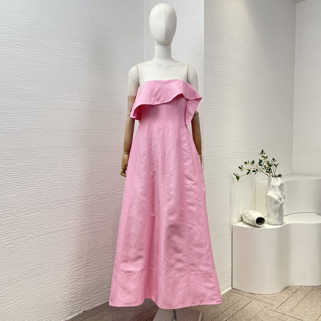 A*j Pink Strapless Midi Dress 2024 High Quality Women Fashion Ruffles