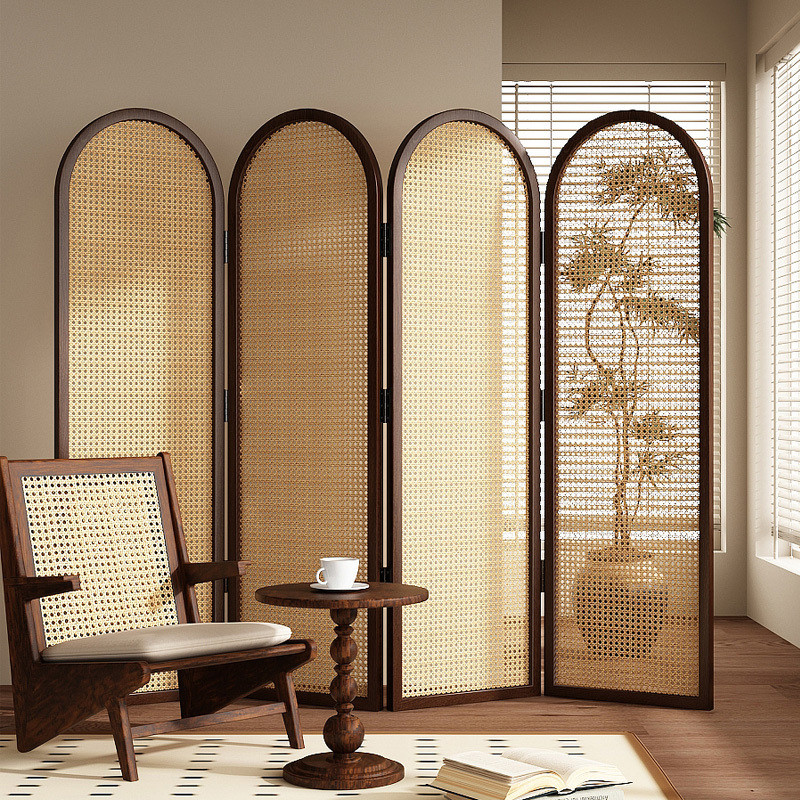 Vintage Solid Wood Rattan Folding Screen Partition for Living Room ...