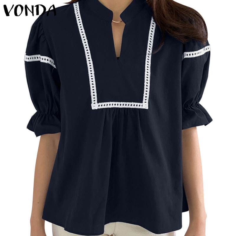 VONDA Women Korean Standing Neck Ruffle Sleeve Lace Patchwork Shirts ...