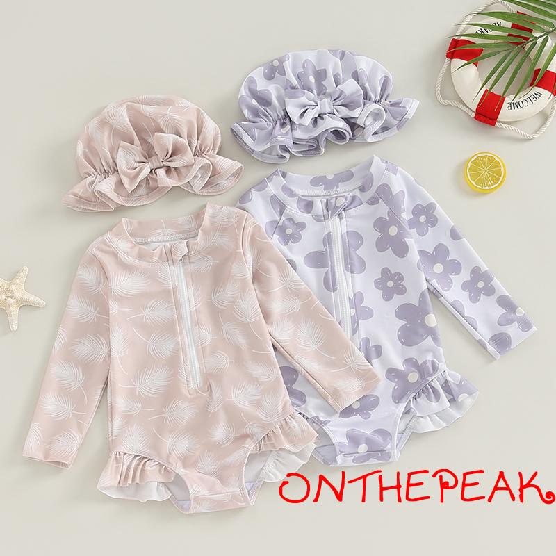 ONTToddler Baby Girl 2 Piece Swim Suit Round Neck Flower Print Zip