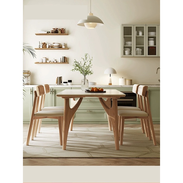 Solid wood rock plate dining table small apartment style cream wind ...