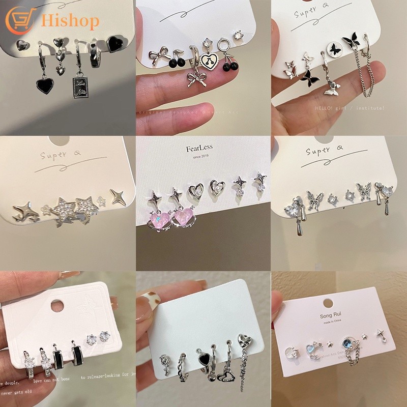 Korean Style Heart Silver Earrings Set Butterfly Pearl Zircon Stud Earrings for Women Fashion Jewelry Accessories