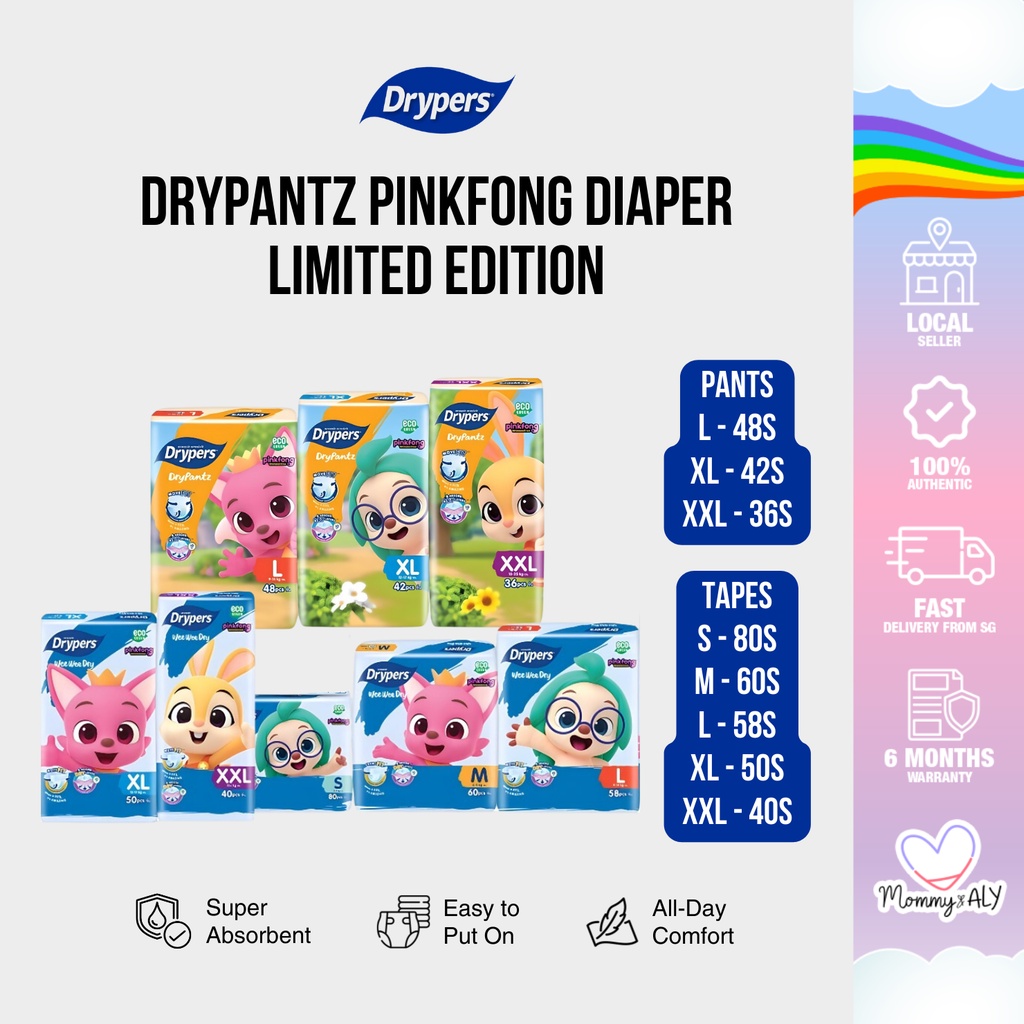 Drypers Pinkfong Drypantz Pants and Wee Wee Dry Tape Diaper S M L XL ...