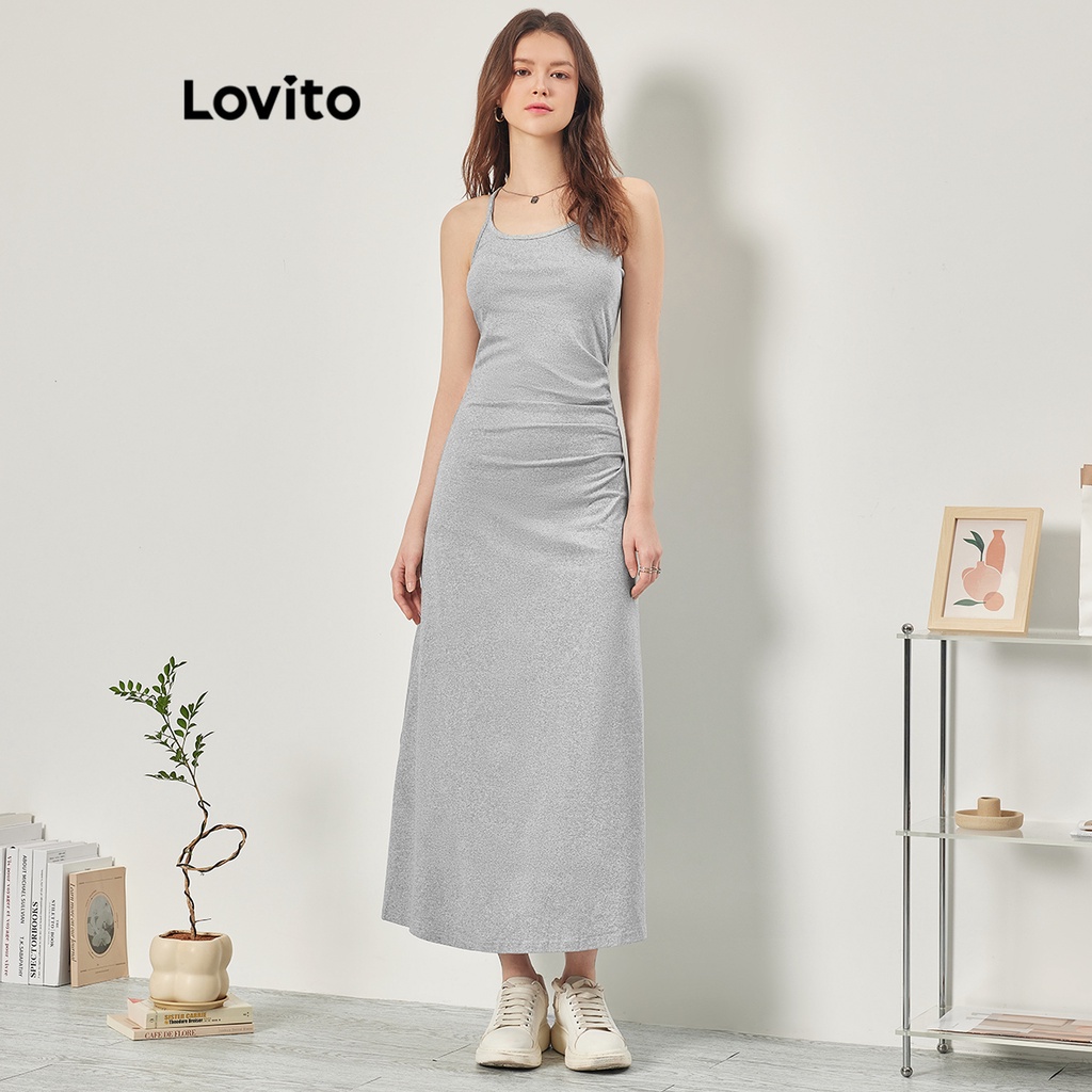 Lovito Casual Plain Ruched Ball Gown Dress for Women L68ED135