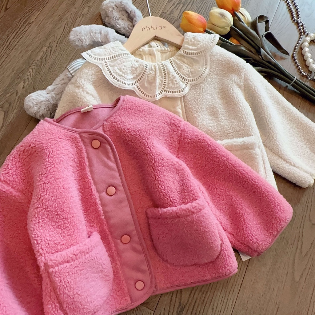 Size 90-140 Girls Kids Winter Coat Korean Style Fashion Lamb Wool Fleece  Thermal Pink/Beige O-neck Outfit Jackets Cute Clothes