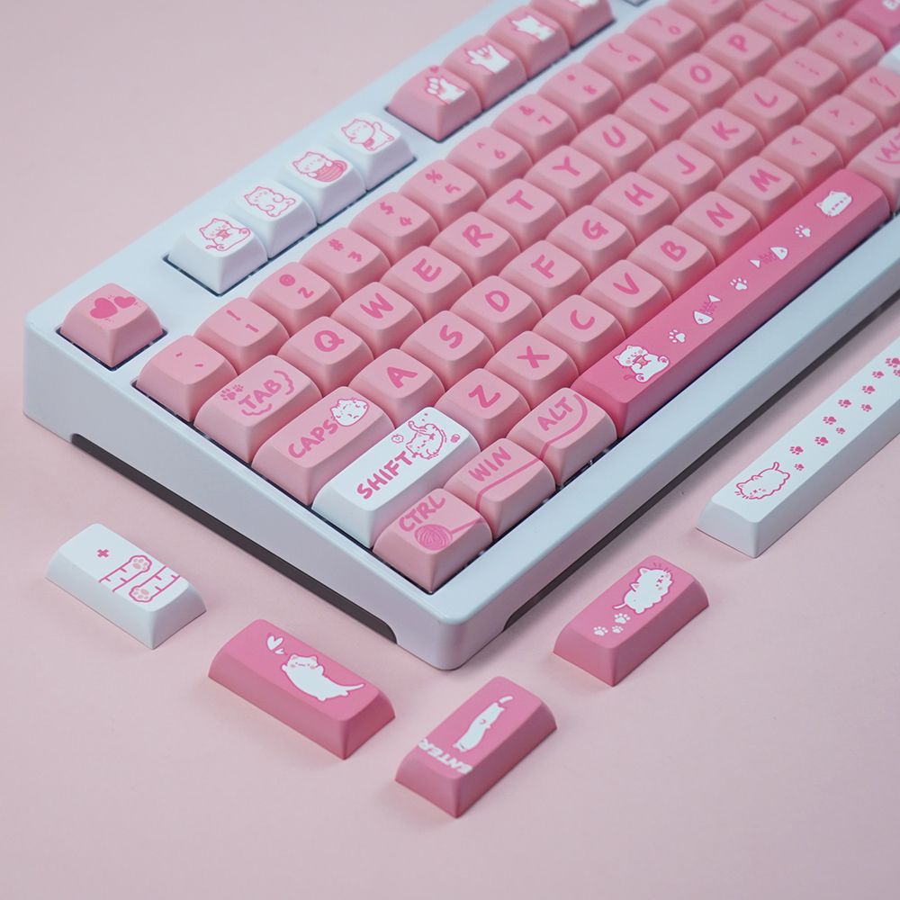 Pink Cat Themed Keycaps PBT Mechanical Keyboard Keycaps Compatible with Most Mechanical Keyboard