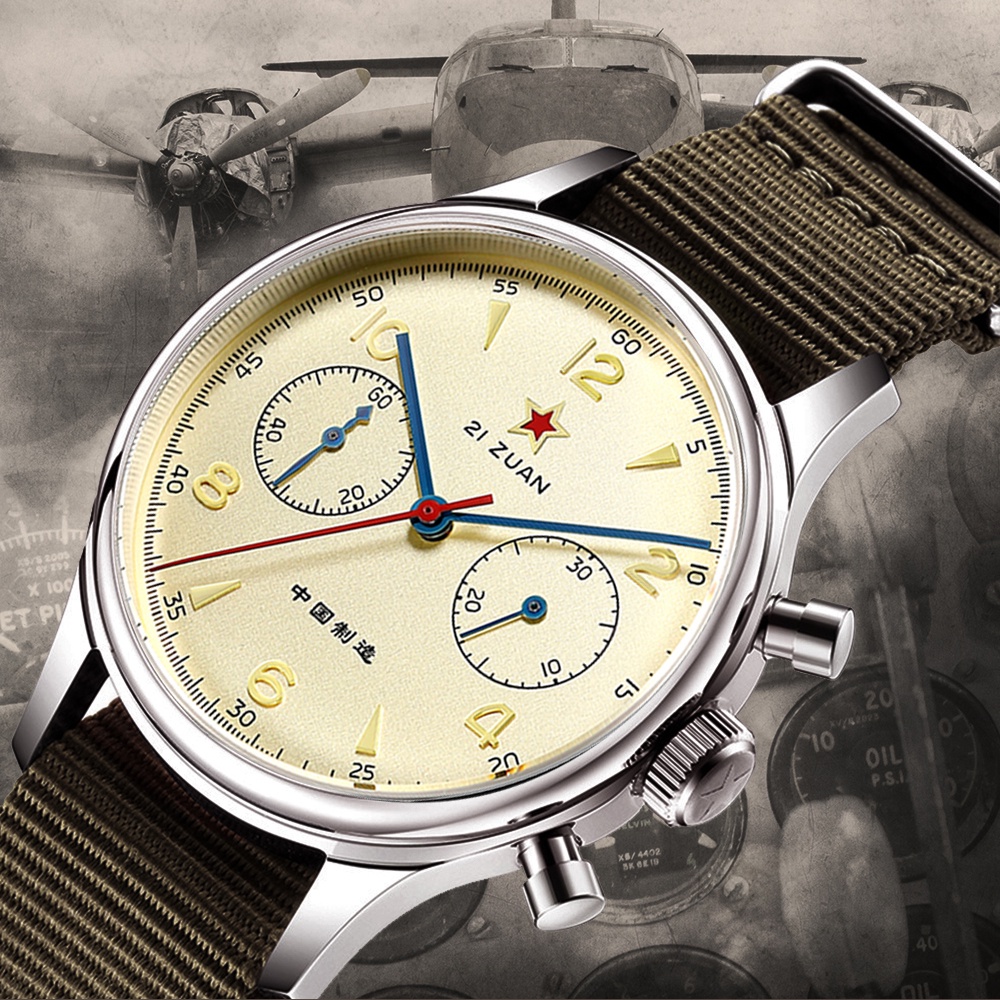 Red star hand wind sale mechanical chronograph with moonphase