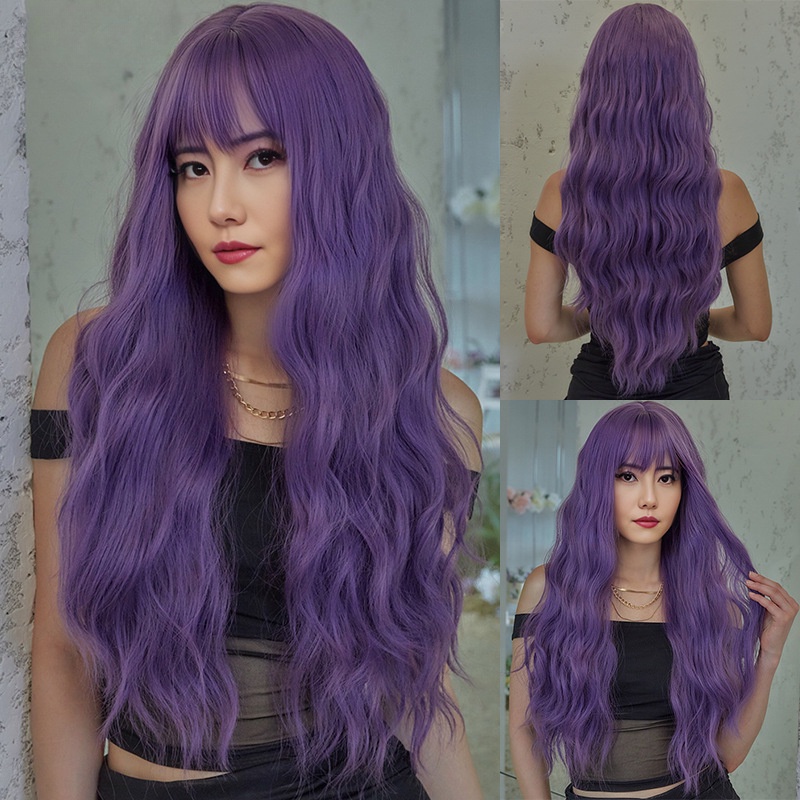 Purple Wigs Long Curly Wig with Bangs Small Curly Wavy Natural Cute Soft Wig Breathable For Women Men Cosplay Party Wear Shopee Singapore