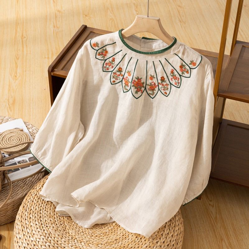 Ethnic style cotton and linen embroidered top women's retro loose ...