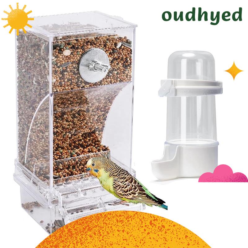 2-Pack No Mess Bird Feeder & Water Dispenser For Cage - Automatic Gravity Feeder For Parakeets, Budgies, Canaries (Orange, Clear Acrylic)