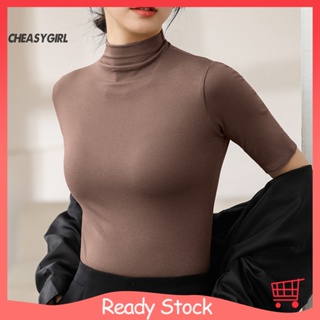 Women's High Neck Layer Under Shirts Elastic Mesh T-Shirt Long-Sleeved  Solid Color Top