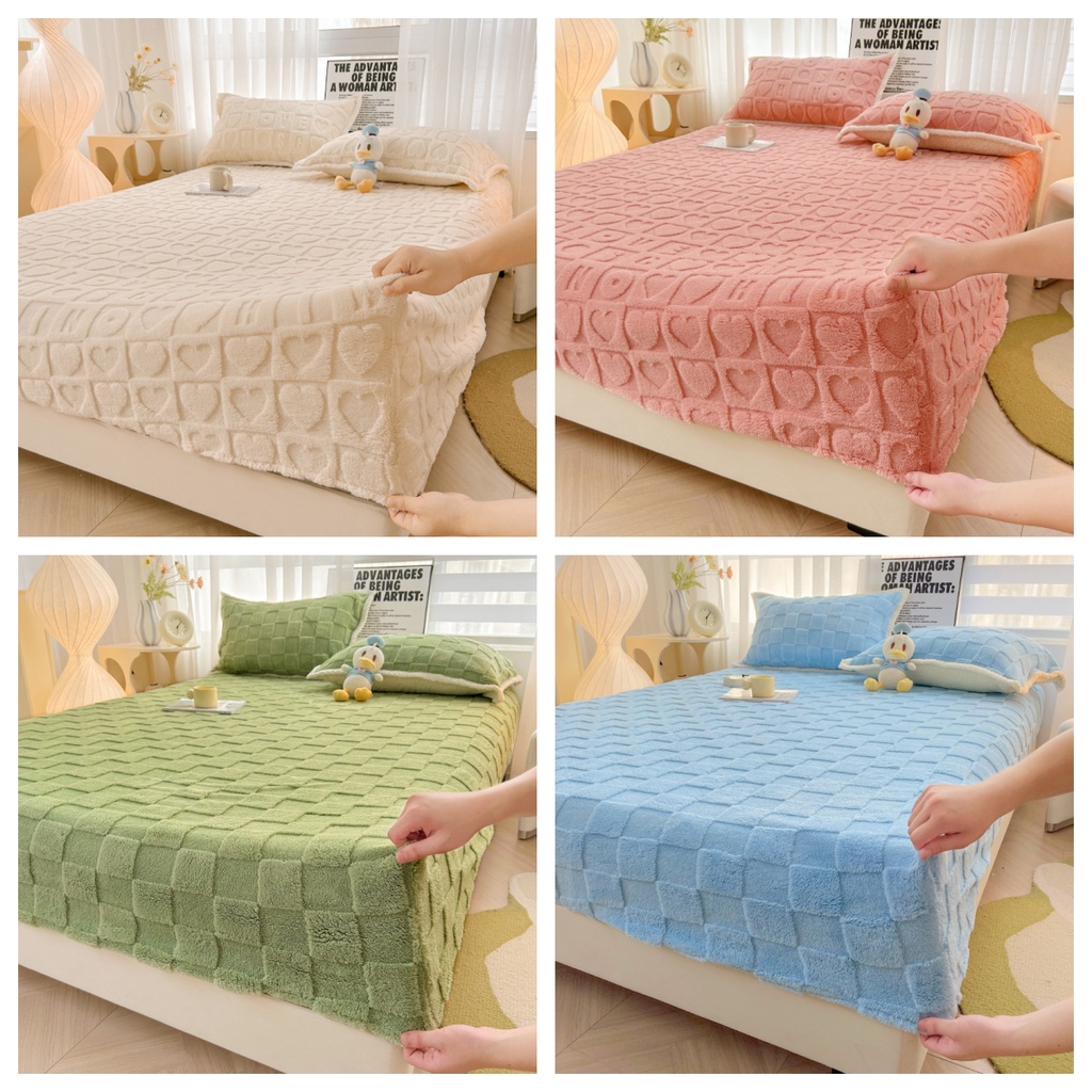 1 PC Solid Color Velvet Fleece Carving Fitted Sheet Thicked NonSlip