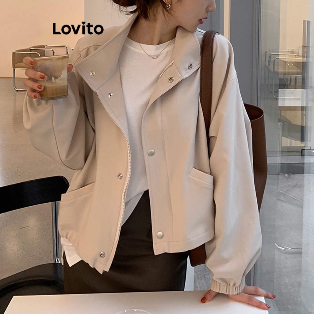 Lovito Casual Plain Button Front Pocket Zipper Jacket for Women LNE33073 (Apricot/Black