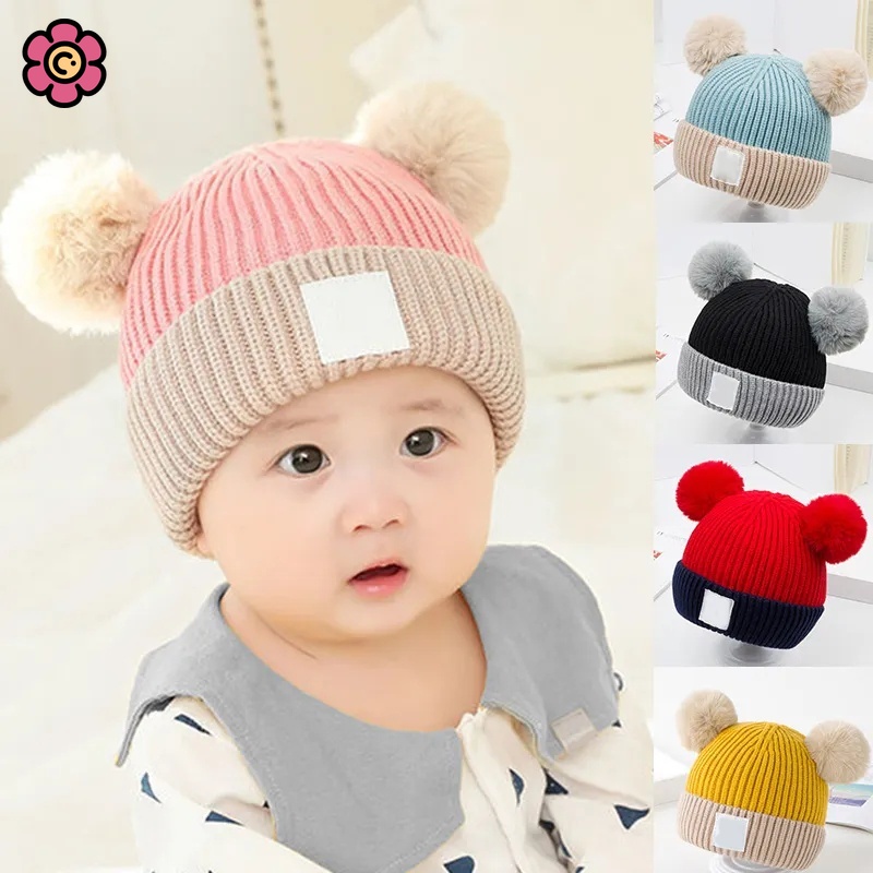 Cute Cartoon Baby Knitted Hat With Plush Ear Winter Thicken
