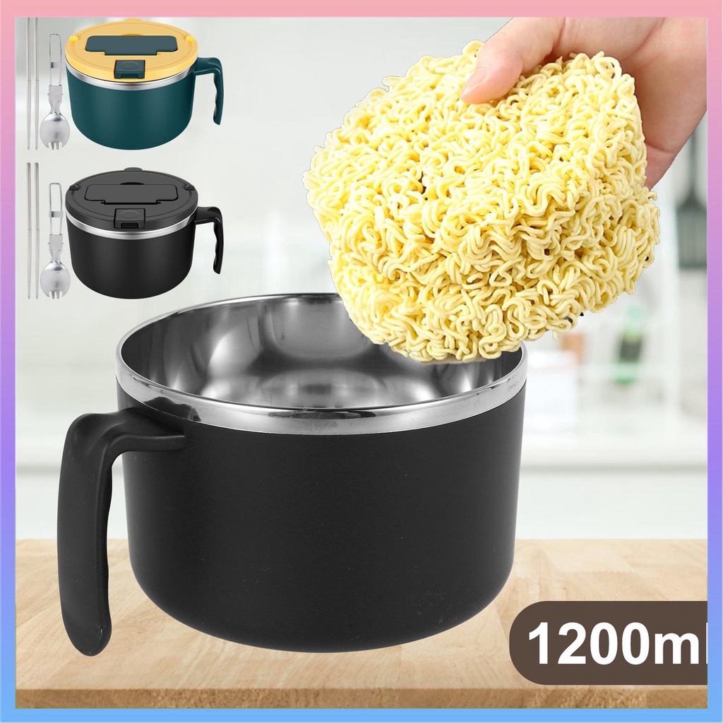 thumbnail image 2 of Ramen Bowl With Lid, 1200ml Instant Noodle Pot With Fork Spoon 304 Stainless Steel Liner Portable Noodle Bowl With Handle Leakproof Noodles Cooker Bowl For Office College Dorm 2 of 11