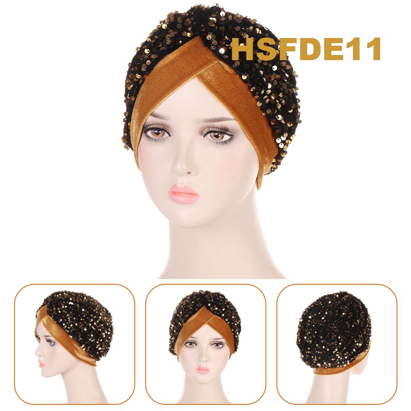 Women Glitter Sequin Turban Hat Forehead Cross Underscarf Bonnet Muslim