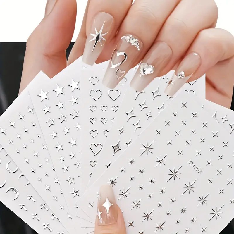 3D Liquid Metal Mirror Silver Nail Sticker Moon Star Cross Pattern Self