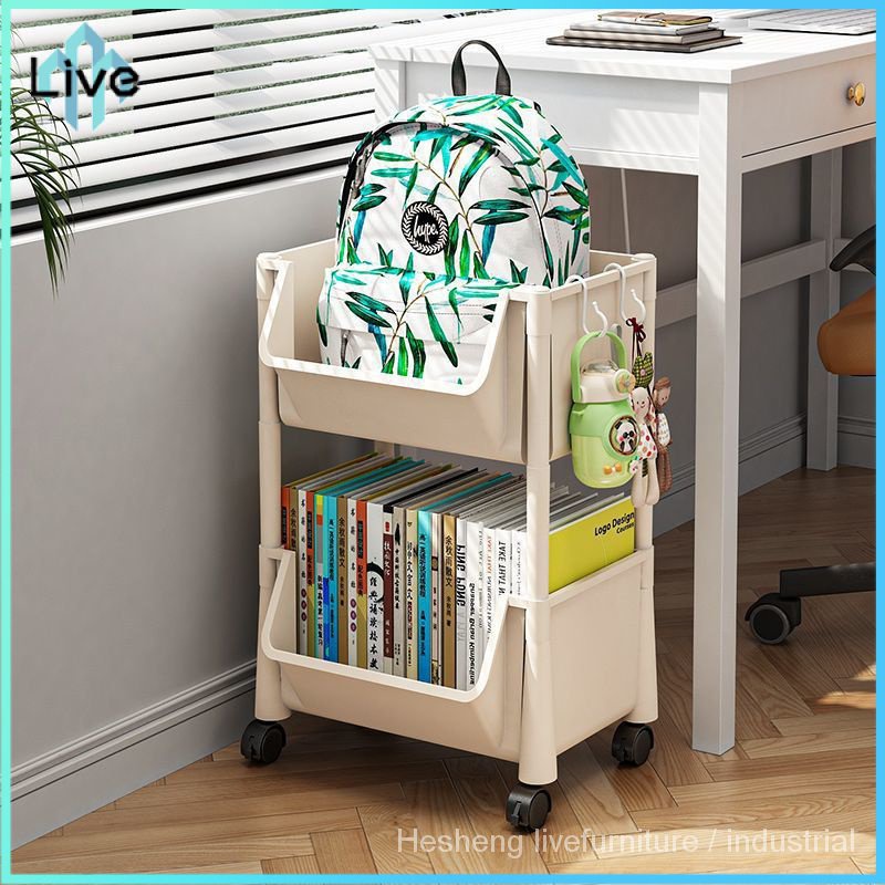 Bookshelf Floor Storage Rack under Table Book Storage with Wheels Movable Trolley Table Desktop