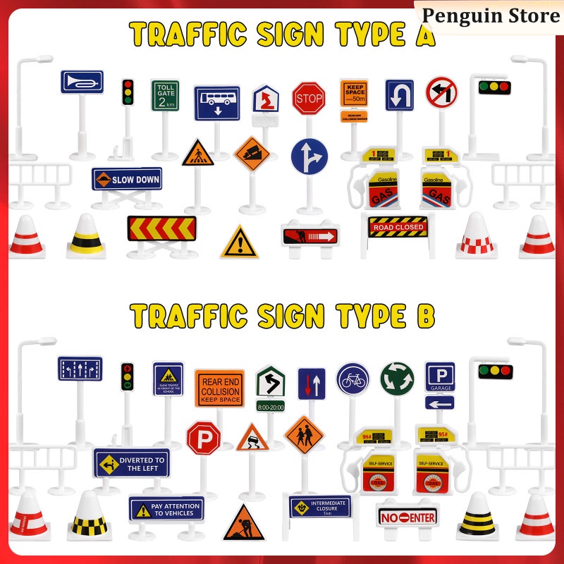 56 Pcs Children Toys Street Signs Traffic Road Kids Barricade Playset