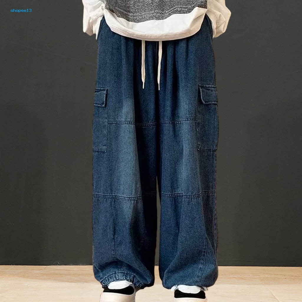 COD> Men Pants Cargo Jeans Stylish Oversized Cargo Pants Trendy Elastic  Waist Denim Trousers with Multiple Pockets Perfect for Southeast Asian  Fashionistas