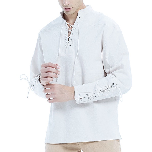 Renaissance Shirt Men Men's Medieval Viking Pirate Shirt - Long Sleeve  Linen Blend Tunic With Stand Collar