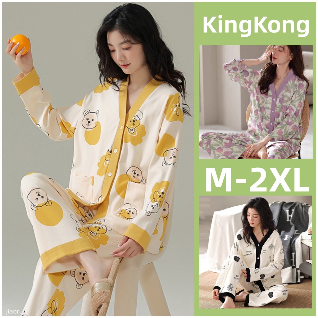 Pyjamas Women Pajamas Set Cotton Sleepwear Woman Autumn winter Korean  version Cardigan Long sleeve Cartoon Cute Homewear M-2XL