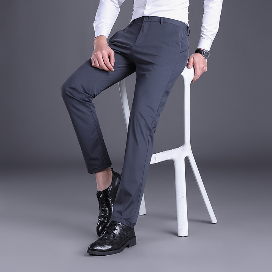 Korean Style Mens Slim Fit Work Pants Elastic Waist, Soft Formal