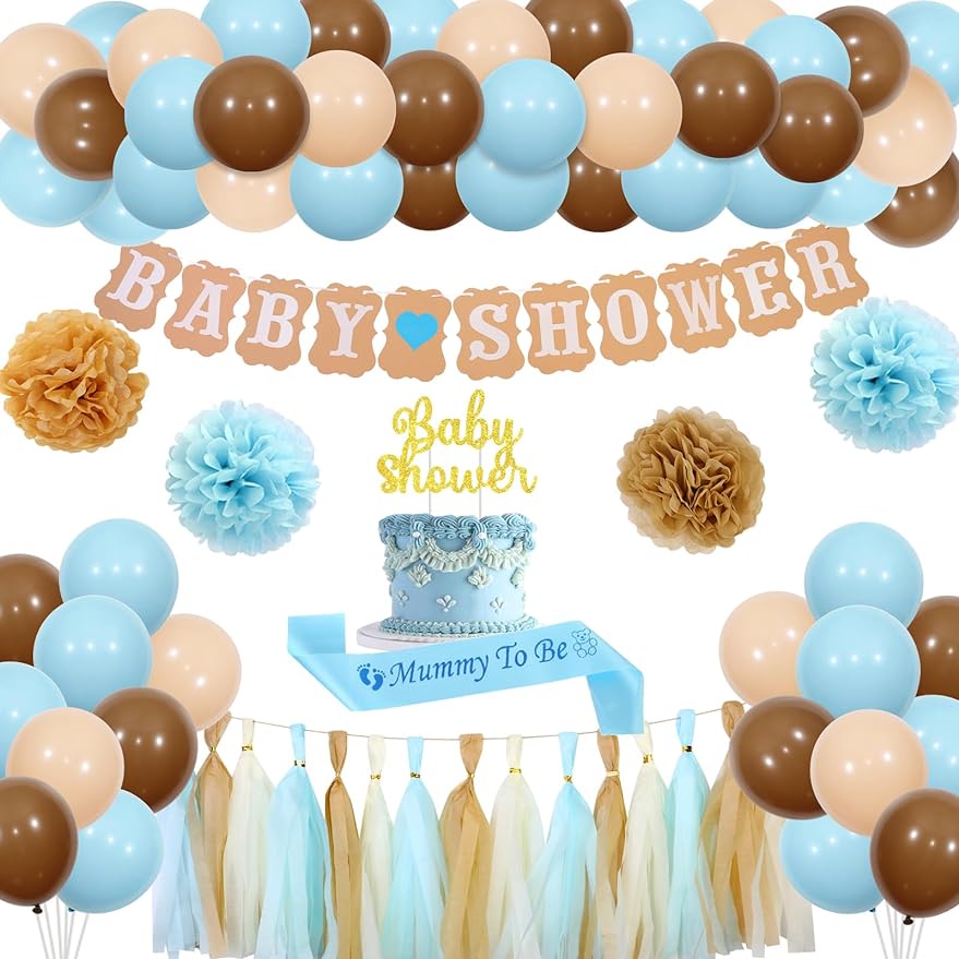 CHEEREVEAL Blue and Brown Baby Shower Decorations, Balloon Garland Arch ...