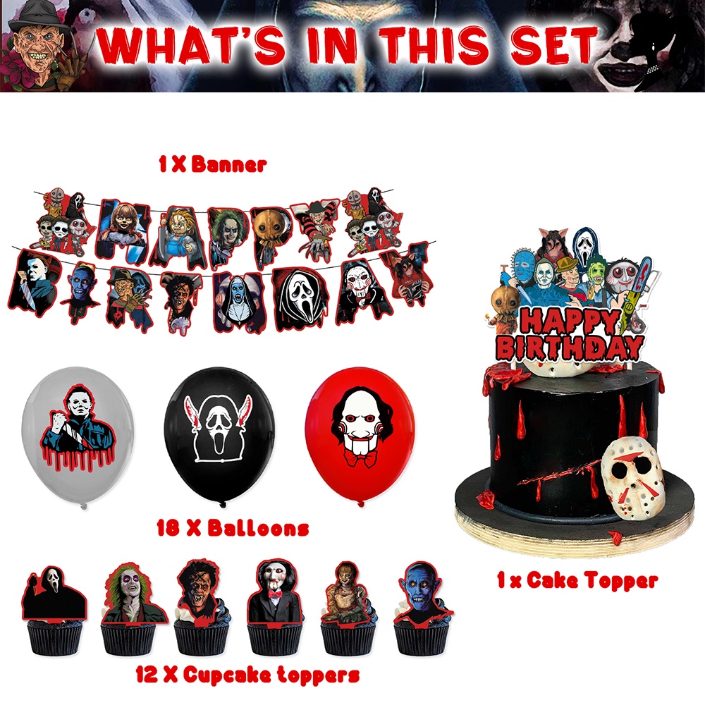 𝓕𝓻𝓲𝓭𝓪𝔂 𝓽𝓱𝓮 13𝓽𝓱 Party Decorations,Horror Movie Birthday Party  Supplies Includes Banner - Cake Topper - 12 Cupcake Toppers - 18 Balloons