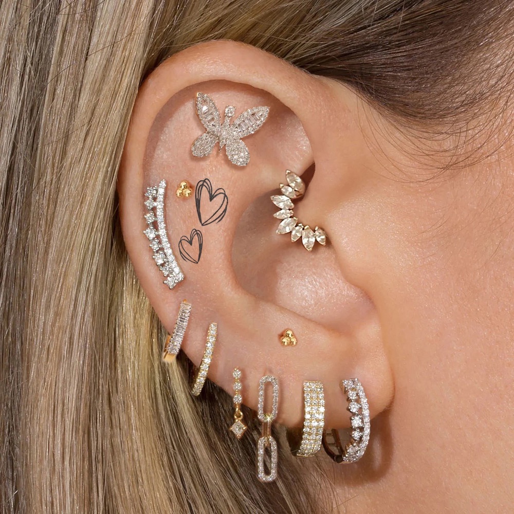 1PC Hoop Earrings Butterfly Flat Labret Back Ear Piercing Zircon