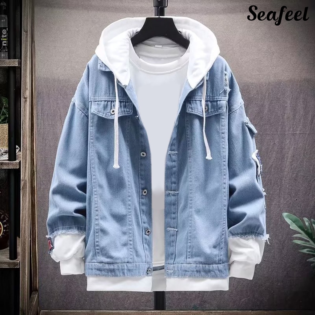 Mens denim jacket sale with hoodie sleeves