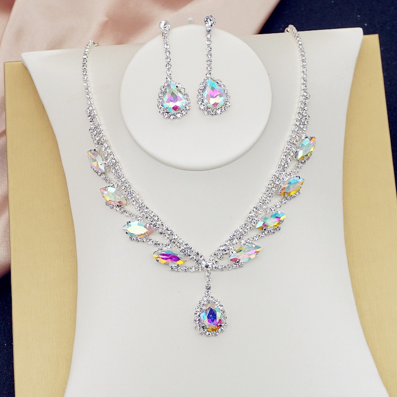Elegant Pink Red Green Blue Crystal Necklace Earrings For Women