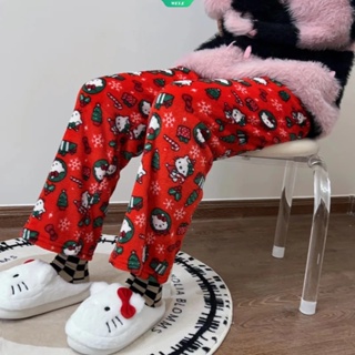 Hello Kitty Christmas Trousers Winter Women Korean Fashion Cartoon Cute  Pajama Pants Women Fleece-lined Warm Flange Sweat Pants