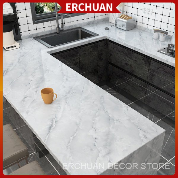 PVC Wall Paper Kitchen Thick Waterproof Marble Wallpaper Table Cabinet ...