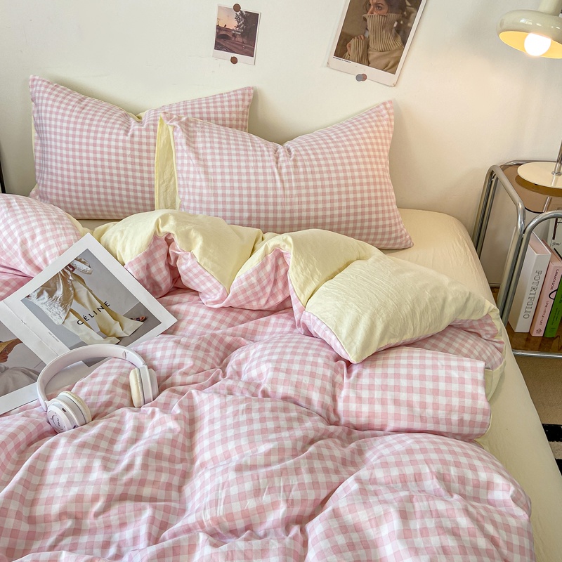 Japanese Pink Check IN Bed Sheet Set Bedding Set Single/Super
