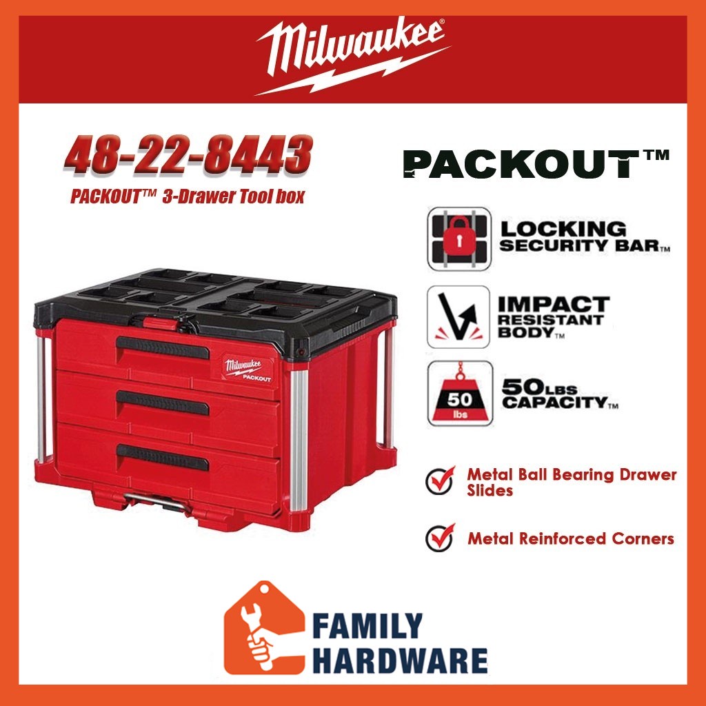 MILWAUKEE 48-22-8443 PACKOUTTM 3-Drawer Tool Box Storage Box Bekas ...