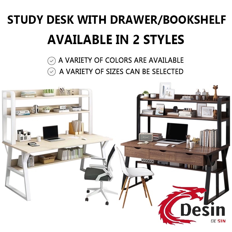 Study Desk With Drawer Computer Desk Bookshelf Study Table Computer ...