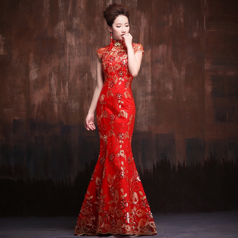 New Women Red Wedding Cheongsam Fishtail Dress Qipao Gold Embroidery Chinese  Traditional Long Evening Dresses Party Show Costume