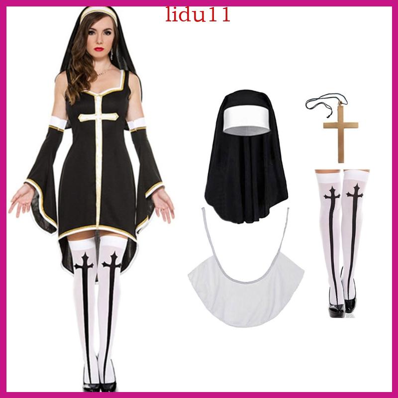 LID Nun Costume Set Cross Pendant Necklace Nun Hat Cross Over The Knee