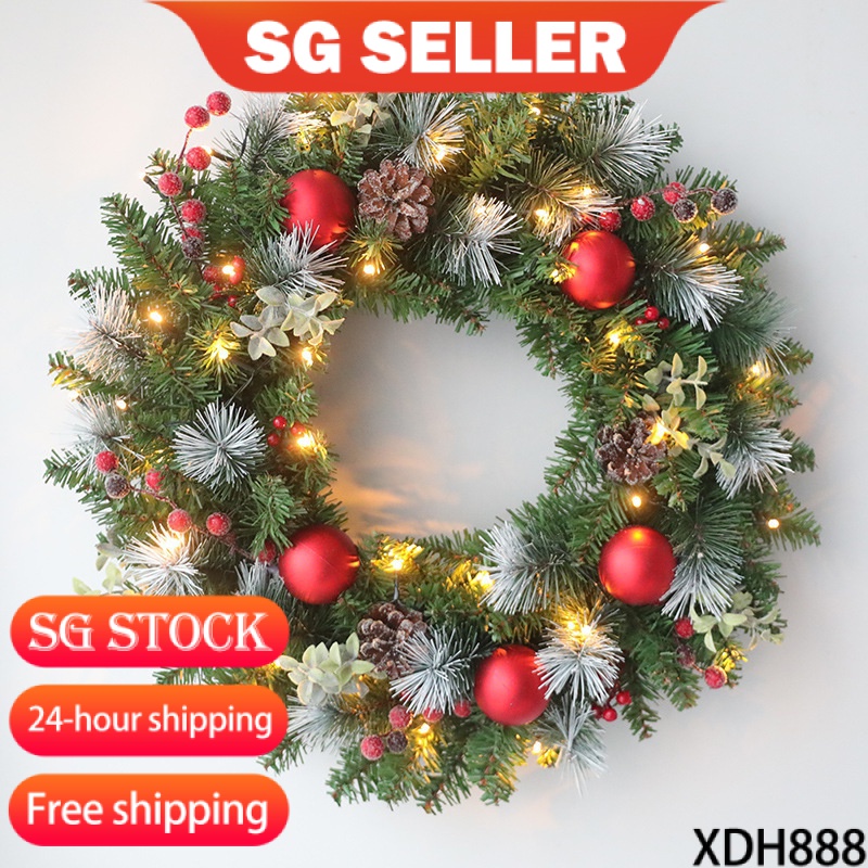 Christmas Wreath【SG stock】【Fast Shipping】Christmas Wreath with decoration Light Christmas