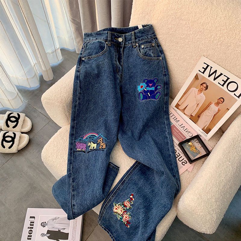 Women's Jeans 2023 Spring and Autumn Korean Edition Japanese INS Hong Kong  Style Straight Barrel High Waist Loose Retro Slim Wide Leg Pants