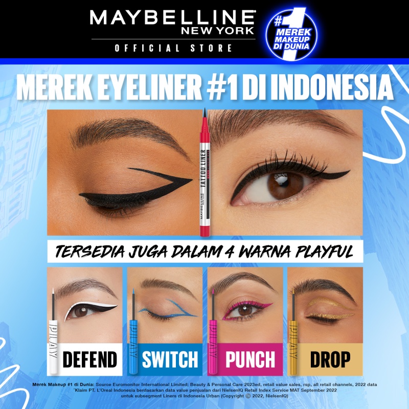 MAYBELLINE OFFICIAL Tattoo Liner Play 48H Liquid Color Eyeliner 4 Warna Waterproof Makeup Tahan Lama Eyeliner Putih High Impact Gampang Pigmented Black - Gambar 3