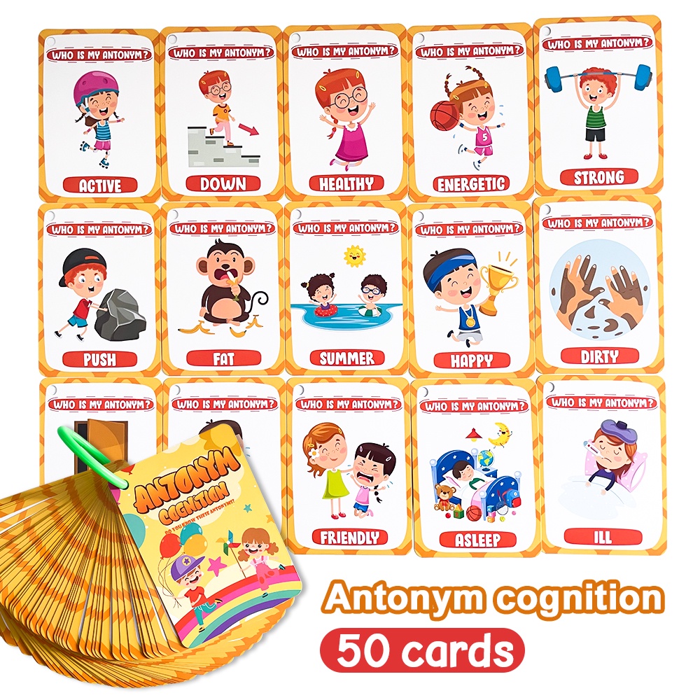 50Pcs Antonyms Cognition Flash Cards Homeschool Montessori Educational