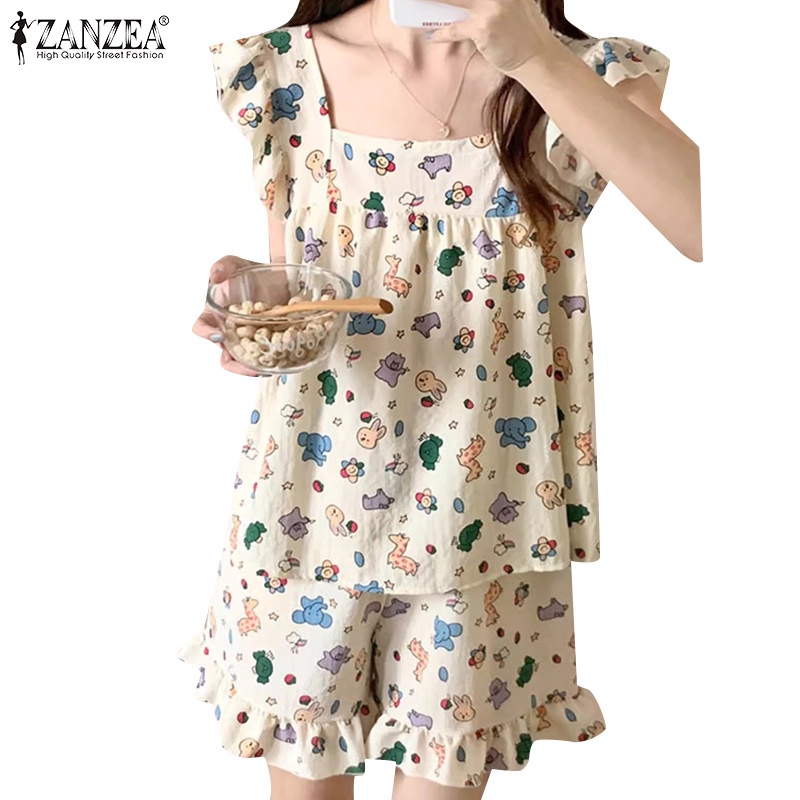 ZANZEA Women Korean U Neck Sleeveless Ruffle Hem Printed Top + Printed