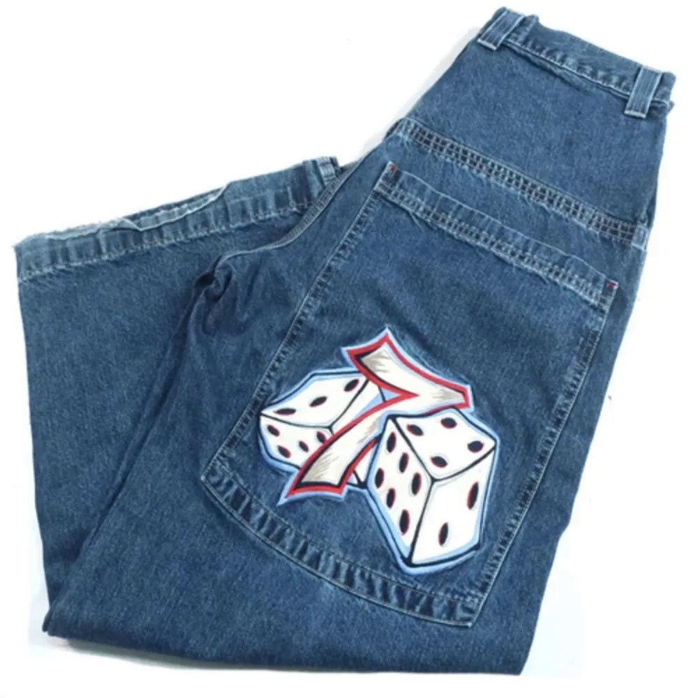JNCO Jeans Y2K Mens Hip Hop Dice Graphic Embroidered Baggy Jeans