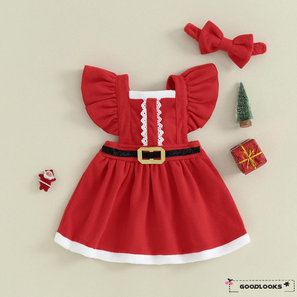 GDToddler Girls Christmas Dress Ruffle Sleeve Belt Front Dress with