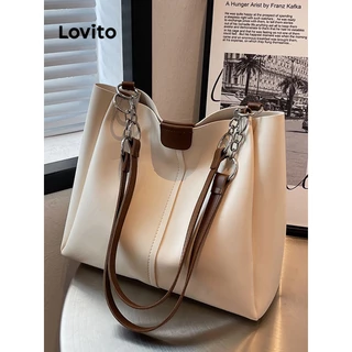 Lovito Casual Plain High Capacity Commuting Textured Shoulder Tote Bag for Women LFA04285 (Brown/Off White/Black)