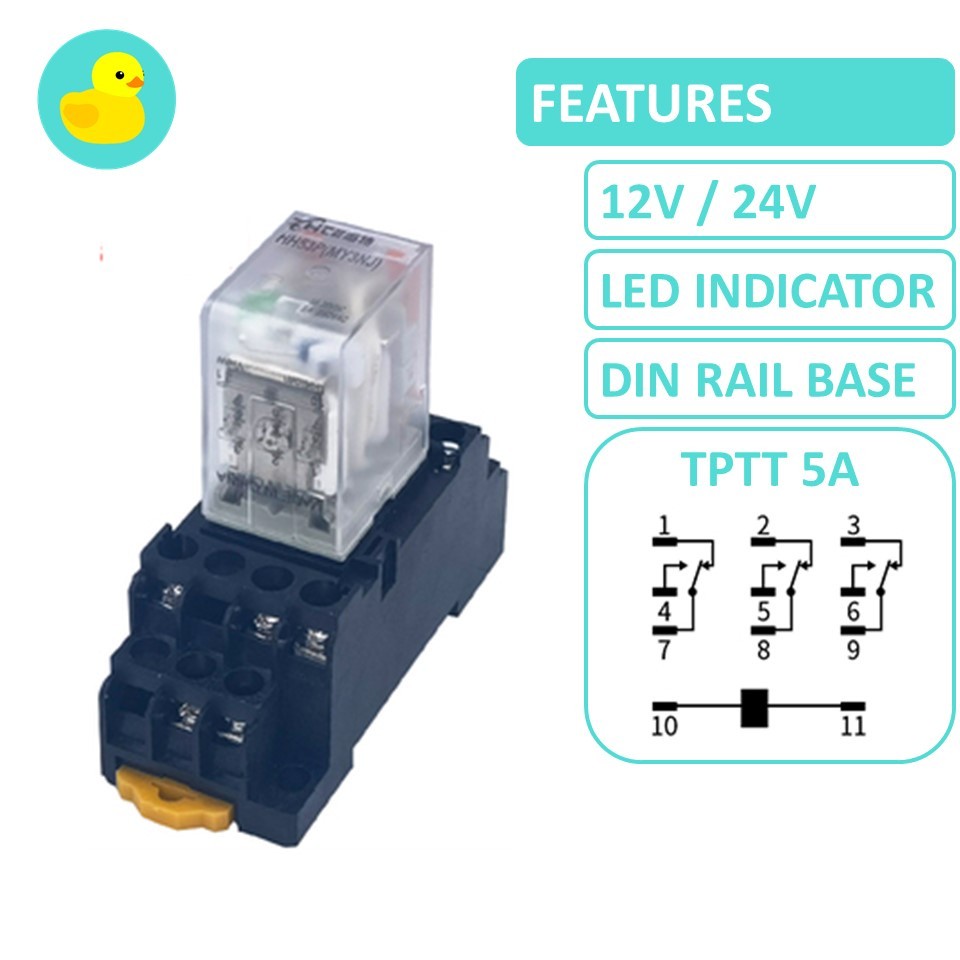 HH53P Triple Pole Triple Throw TPTT 5A Relay With DIN Rail Base ...