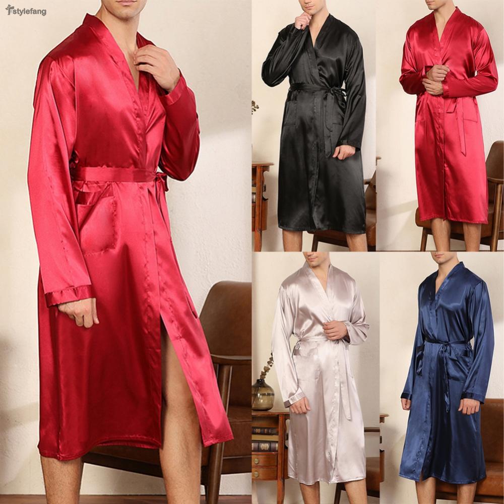 【STYLEF】Bathrobe Dressing Kimono Bathrobe Long Emulation Silk Pajamas