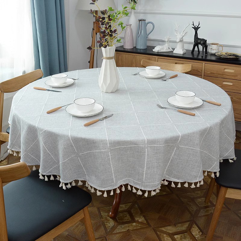 Plaid Cotton Linen Round Tablecloth Wedding Hotel Banquet Cloth Table Cover Indoor Dining Room